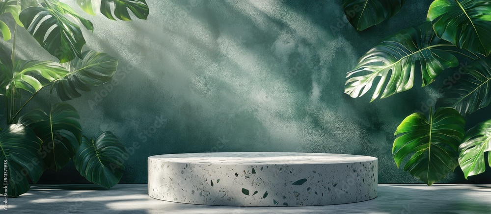 Poster 3d render of an abstract podium display featuring terrazzo and monstera leaves concept for product p