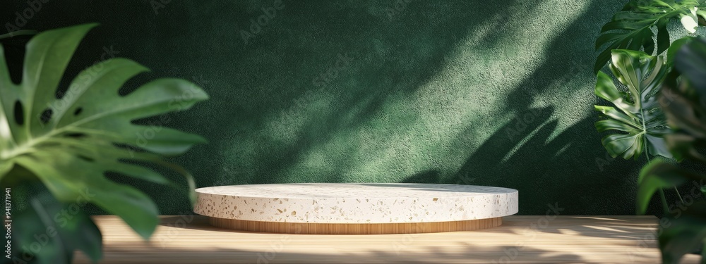 Poster 3d rendering of a template mockup featuring a natural terrazzo and wood podium set against a green w
