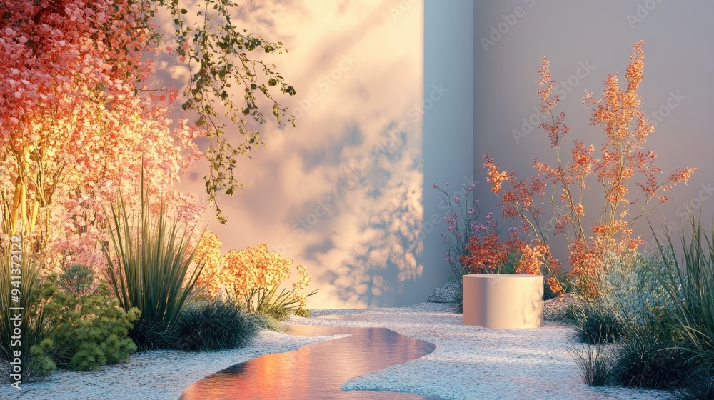 Poster 3D rendered natural backdrop with vibrant lighting designed for displaying cosmetic products in a landscape setting