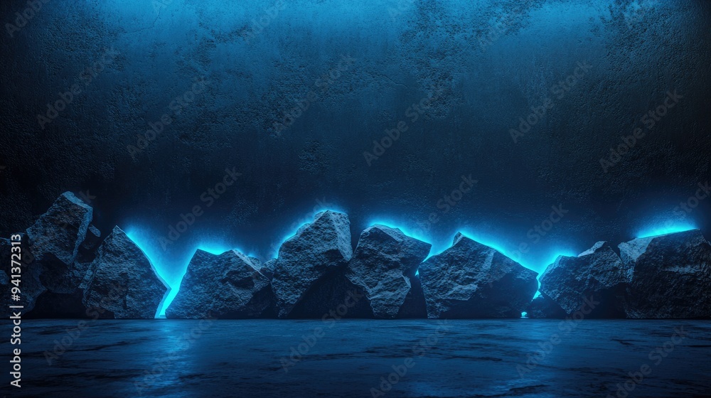 Aufkleber 3D rendering of a stone wall featuring broken textured edges illuminated by blue neon light showcasing rubble stone slabs suitable for product display backgrounds