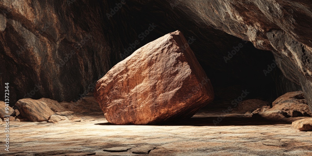 Poster 3D rendering of a brown stone situated in a cave for product showcase concept