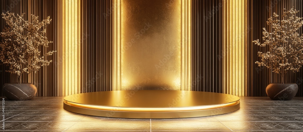 Poster 3D rendering of a luxurious empty golden round podium featuring exquisite lighting set against a patterned backdrop and clear reeded glass ideal for showcasing premium products Stand Stage Elegance