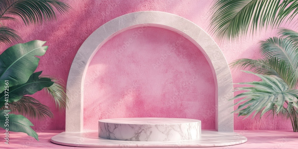 Poster 3D rendering of a stone palm leaf and pink background featuring a geometric design with a marble podium for display