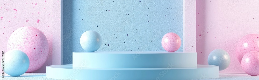 Poster 3D blue podium background texture featuring pastel hues Abstract geometric forms including triangles and spheres 3D rendering suitable for mockup Minimalist scene with creative concepts