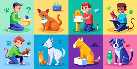 Set of taking care of pets scenes. Cartoon images isolated on white background. Vector illustration.