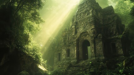 Naklejka premium Ancient temple engulfed by lush greenery, illuminated by soft sunlight, creating a mystical atmosphere in nature.