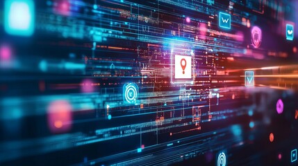 Obraz premium An abstract image of a defense code being authenticated within a secure app, with floating security patterns and digital symbols overlaying the scene