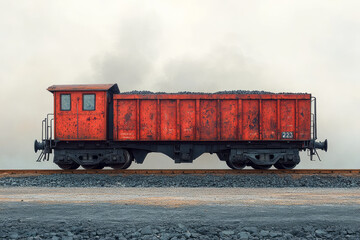 Fototapeta premium A section of a coal train, isolated on a pastel cream background, representing the transportation of fossil energy resources,