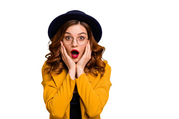 Close-up portrait of nice charming cute attractive lovely chic glamorous terrified frightened...