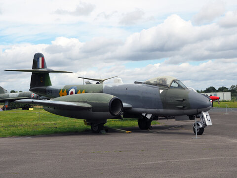 Elvington, Yorkshire, United Kingdom - 11 07 2023: Gloster Meteor F Mk 8 in the markings of 616 squadrom at Elvington airfield