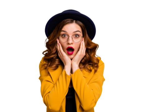 Close-up portrait of nice charming cute attractive lovely chic glamorous terrified frightened wavy-haired lady wearing yellow blazer showing amazement isolated on bright vivid shine orange background