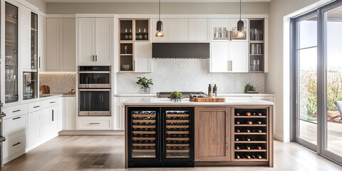 Modern kitchen cabinets in white and beige with glass doors, brushed black titanium wine cooler with recessed lighting, and wooden wine rack. High-end interior includes living room backsplash layout.