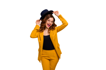 Portrait of nice charming cute attractive lovely gorgeous chic elegant smart gorgeous cheerful cheery wavy-haired lady trying on new individual look isolated on bright vivid shine orange background