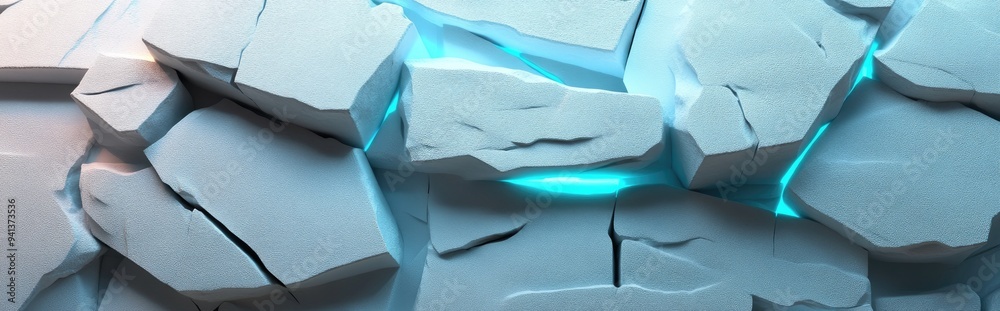 Poster 3D rendering of white stone wall pieces featuring broken textured edges illuminated by neon blue light creating a rubble stone slab background for product display