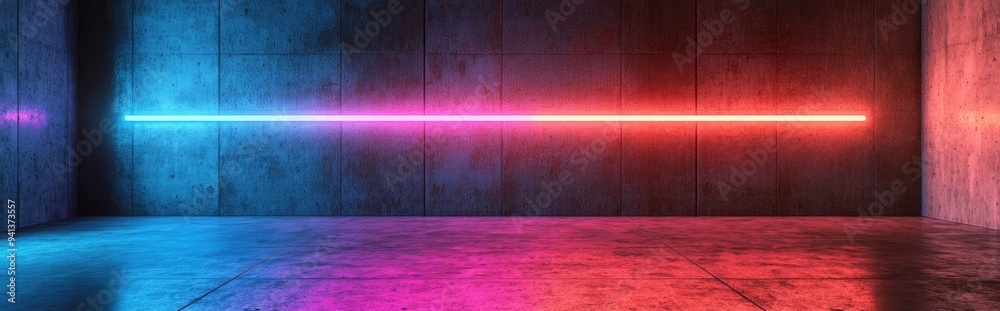 Poster 3d rendering of a concrete wall and floor with a neon rectangle in blue and red lighting