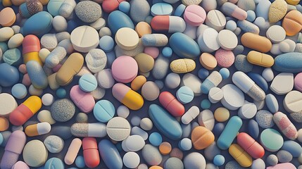 A close-up shot of colorful pills and capsules scattered on a surface.
