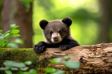 Obraz premium A bear cub climbing over a fallen log in a dense forest, exploring its surroundings with curiosity and playfulness