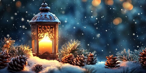 A glowing lantern sits in the snow with pine cones and evergreen branches.