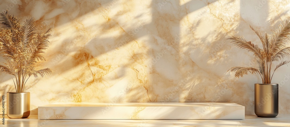 Poster 3d illustration of a marble frame designed for displaying messages and products on a golden marble b