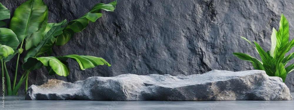 Aufkleber 3D rendering of a rock platform podium featuring a plant for product display background