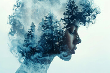 Creative double exposure image blending woman profile with misty forest, evoking sense of nature and introspection, symbolizing connection between human spirit and natural world