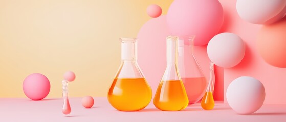 Colorful laboratory glassware with vibrant liquids displayed on a pastel background, combining science and modern design.