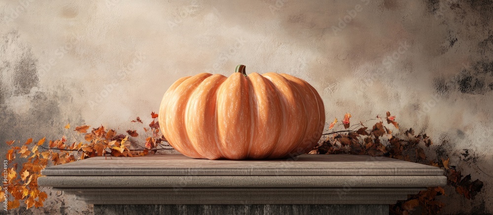 Poster 3d rendering of a large pumpkin displayed on a pedestal