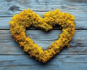 Naklejka premium Heart-Shaped Yellow Moss Wreath on Gray Wooden Surface