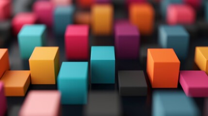 Obraz premium Abstract Cityscape of Colorful Blocks on Dark Background, vibrant geometric shapes, minimalist design, striking contrast, inviting creative interpretation, modern aesthetic