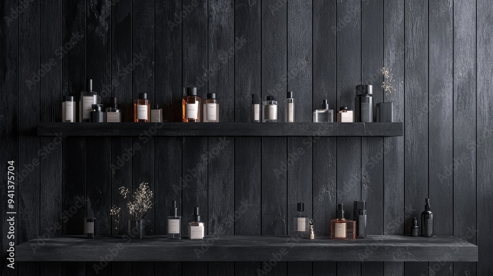 Poster 3d background featuring rustic black wood display for showcasing perfume and cosmetic products 3d re