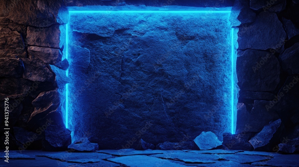 Aufkleber 3D rendering of a stone wall featuring broken textured edges illuminated by blue neon light showcasing rubble stone slabs suitable for product display backgrounds