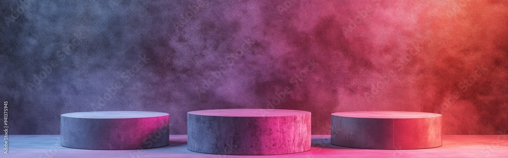 Poster 3d rendering of three vacant sci fi podiums suitable for product presentation
