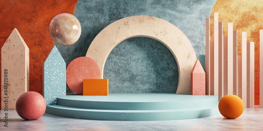 Aufkleber 3D rendering of a podium with abstract geometric shapes
