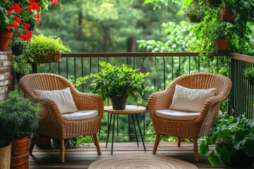 Fototapeta premium Charming Balcony with Wicker Chairs and Potted Plants