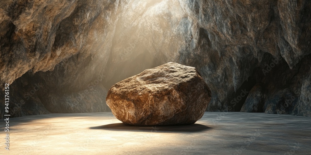 Poster 3D rendering of a brown stone situated in a cave for product showcase concept