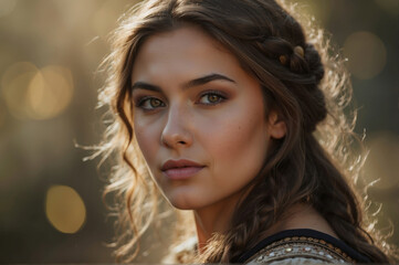 Portrait of a beautiful young biblical woman in bokeh background and copy space