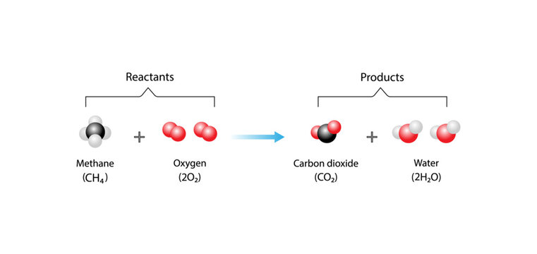 Combustion reaction. Chemical reaction. Methane and oxygen reaction to produce carbon dioxide, water and heat. Experiment explanation. Scientific vector illustration.