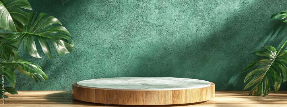 Poster 3d rendering of a template mockup featuring a natural terrazzo and wood podium set against a green w