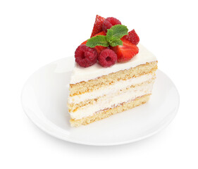 Piece of tasty sponge cake with fresh berries and mint isolated on white