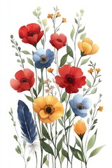 Fototapeta premium Watercolor Painting of a Wildflower Bouquet with a Feather