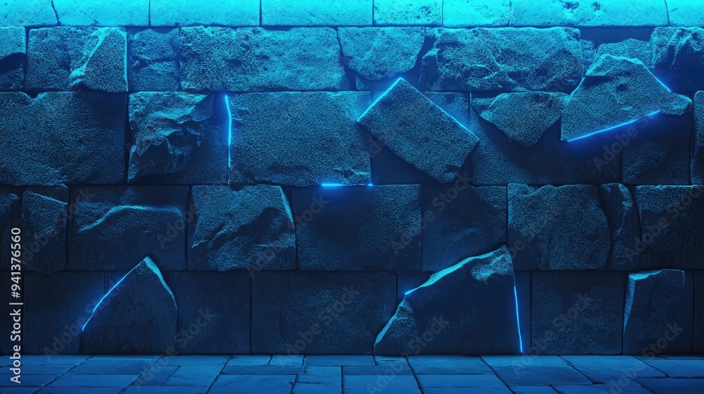 Aufkleber 3D rendering of a stone wall featuring broken textured edges illuminated by blue neon light showcasing rubble stone slabs suitable for product display backgrounds