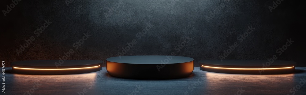 Poster 3D rendering of three vacant sci fi podiums suitable for product presentation