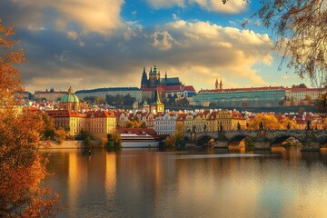Fototapeta premium Scenic View of Prague with the Charles Bridge and the Prague Castle