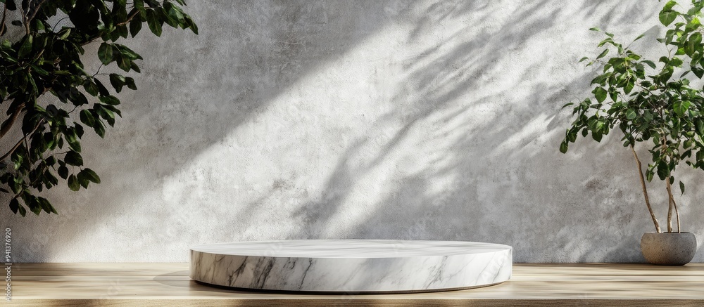 Poster 3d marble display podium positioned on a wooden floor in front of a white concrete wall realistic re