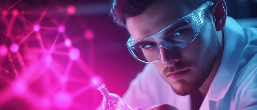 Focused scientist in laboratory exploring chemical reaction under vibrant neon lights, showcasing modern research and innovation.