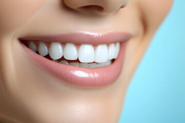 Obraz premium Clean and healthy white female woman teeth smile close up detail against blue background, dentist and dental hygiene concept.