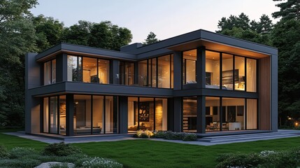 Fototapeta premium Modern black house with large windows, wooden accents, and a green lawn.