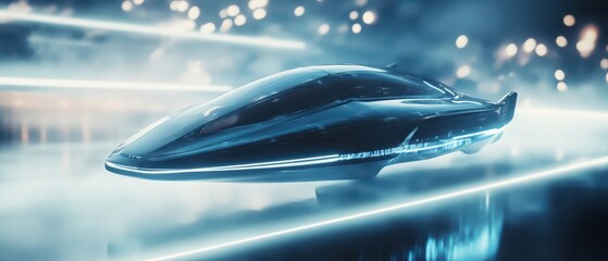 Obraz premium Futuristic transport vehicle glides through a neon-lit environment, showcasing advanced technology and sleek design.