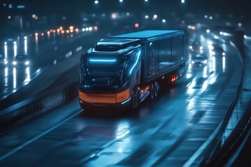 Naklejka premium Futuristic truck traveling on a rain-soaked highway, illuminated by neon lights in a vibrant night setting.