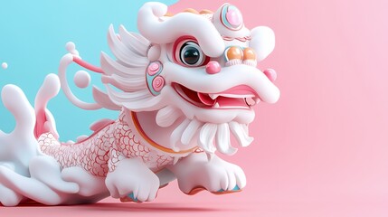 A whimsical, cartoon-style dragon figure with playful features against a pastel background.